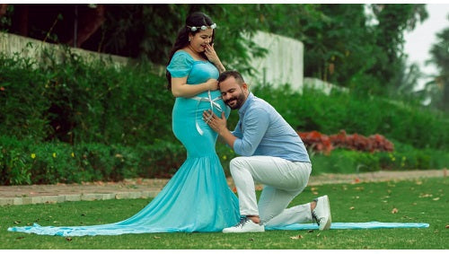 G243,Light Blue Maternity Shoot Baby Shower Trail Lycra Body Fit Gown, Size: All,Color: All