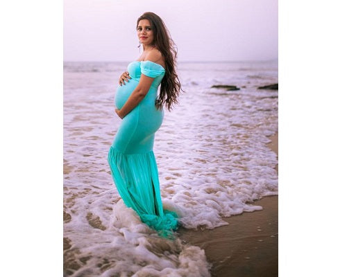 G49,Light Green Maternity Shoot Baby Shower Trail Lycra Fit Gown, Size: All,Color: All