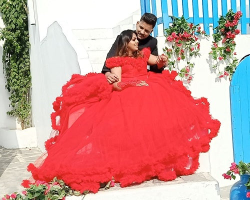 G137, Luxury Red Puffy Cloud Trail Ball Gown, Size: All, Color: All