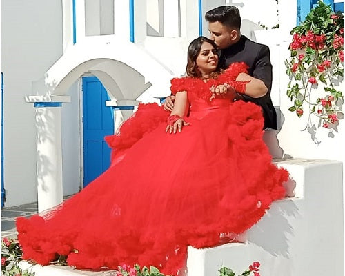 G137, Luxury Red Puffy Cloud Trail Ball Gown, Size: All, Color: All