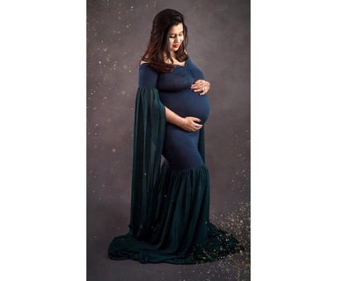 G281, Green Long Sleeves Trail Lycra Fit Gown, Size: All, Color: All