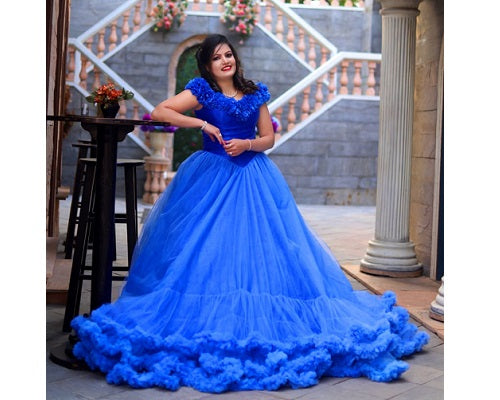 G237, Luxury Royal Blue Puffy Cloud Trail Ball Gown, Size: All, Color: All