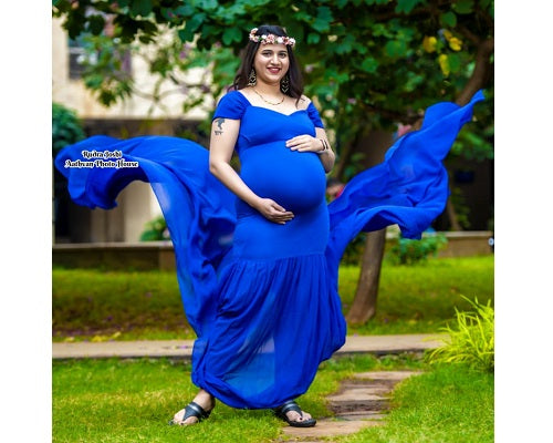 G344, Blue Maternity Shoot Baby Shower Trail Lycra Body Fit Gown, Size: All, Color: All