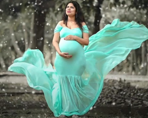 G49,Light Green Maternity Shoot Baby Shower Trail Lycra Fit Gown, Size: All,Color: All