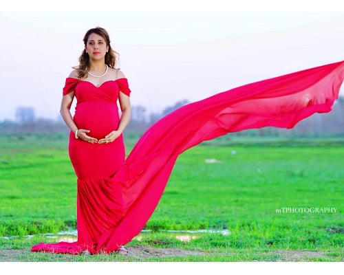 G231,Wine Red Maternity Shoot Baby Shower Trail Lycra Body Fit Gown, Size: All, Color: All