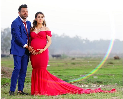 G231,Wine Red Maternity Shoot Baby Shower Trail Lycra Body Fit Gown, Size: All, Color: All