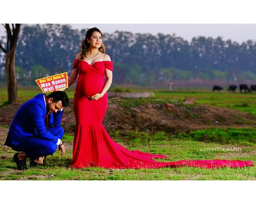 G231,Wine Red Maternity Shoot Baby Shower Trail Lycra Body Fit Gown, Size: All, Color: All