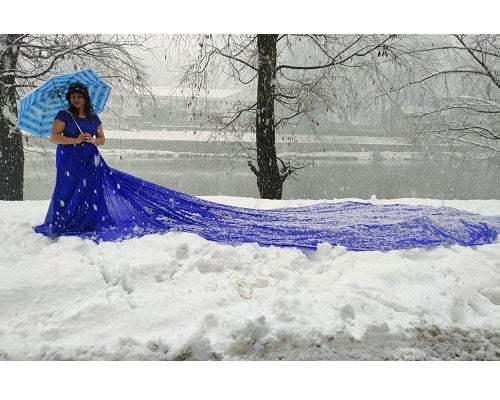 G300, Royal Blue prewedding top lace work georgette long trail Gown, Size: All, Color: All