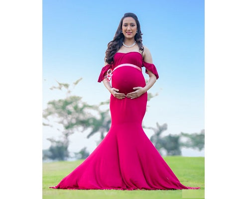 G247,Red Wine Maternity Shoot Baby Shower Trail Lycra Body Fit Gown, Size: All, Color: All