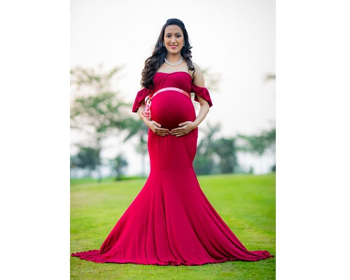 G247,Red Wine Maternity Shoot Baby Shower Trail Lycra Body Fit Gown, Size: All, Color: All