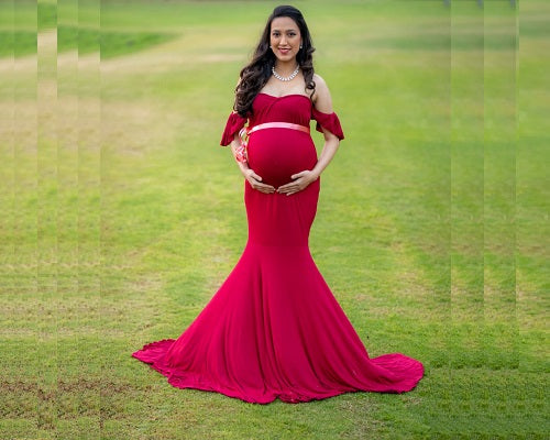 G247,Red Wine Maternity Shoot Baby Shower Trail Lycra Body Fit Gown, Size: All, Color: All