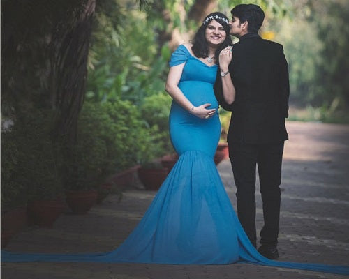 G344, Blue Maternity Shoot Baby Shower Trail Lycra Body Fit Gown, Size: All, Color: All