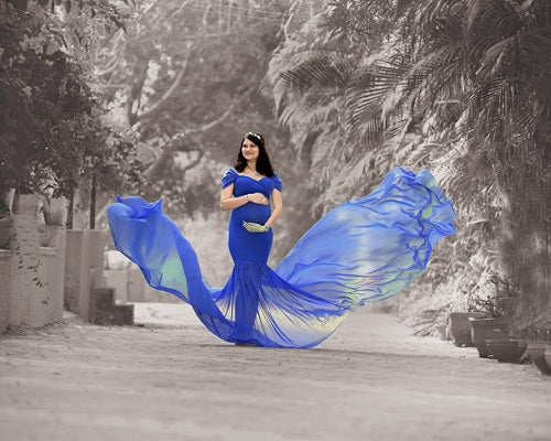 G344, Blue Maternity Shoot Baby Shower Trail Lycra Body Fit Gown, Size: All, Color: All