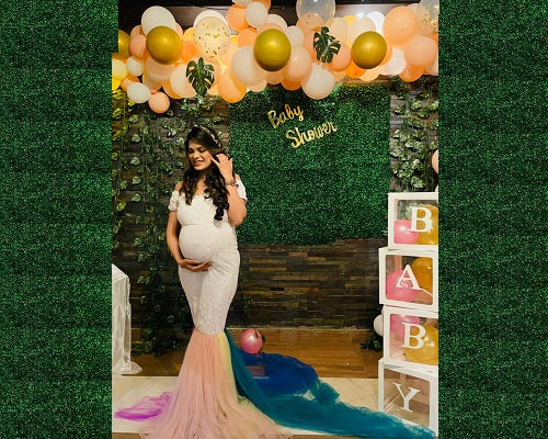 G249, White Top With Botem Layered Malti Colour Maternity Shoot Trail Lycra Body Fit Gown, Size: All, Color: All