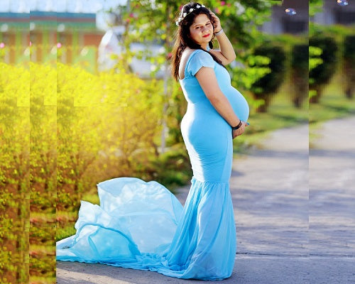 G243,Light Blue Maternity Shoot Baby Shower Trail Lycra Body Fit Gown, Size: All,Color: All