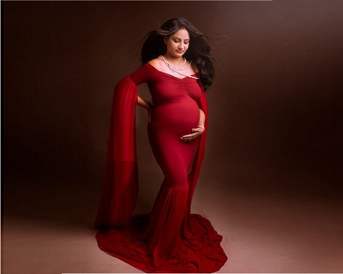 G181, Wine Maternity Shoot Long Sleeves Trail Baby Shower Gown, Size: All, Color: All