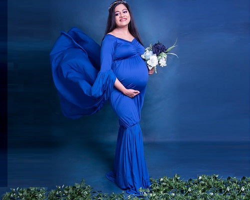 G207, Navy Blue Maternity Shoot Baby Shower Trail Lycra Fit Gown, Size: All, Color: All