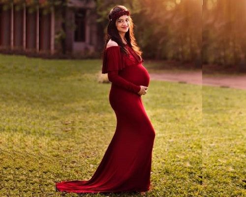 G42, Long Off Shoulder Wine Maternity shoot Baby Shower Lycra Body Fit Gown, Size: All, Color: All