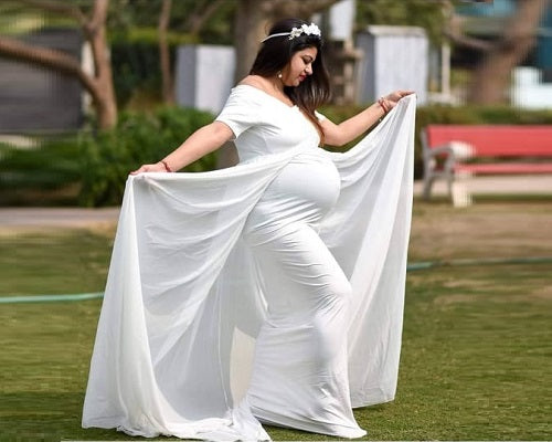 G152, White Maternity Shoot Trail Baby Shower Lycra Body Fit Gown, Size: All, Color: All
