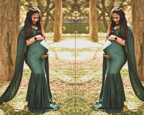 G281, Green Long Sleeves Trail Lycra Fit Gown, Size: All, Color: All