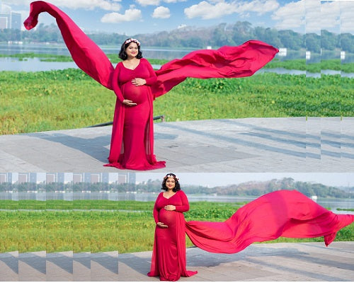 G44 ,Wine Maternity shoot Baby Shower Lycra Body Fit Gown, Size: All, Color: All