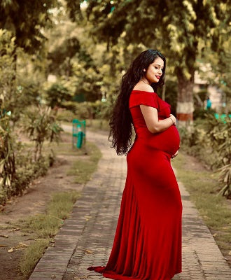 G42, Long Off Shoulder Wine Maternity shoot Baby Shower Lycra Body Fit Gown, Size: All, Color: All