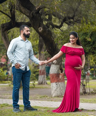 G42, Long Off Shoulder Wine Maternity shoot Baby Shower Lycra Body Fit Gown, Size: All, Color: All