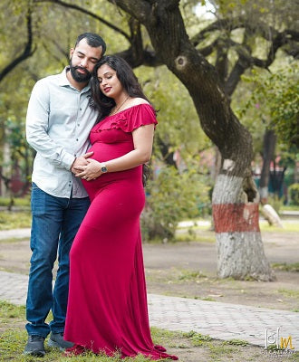 G42, Long Off Shoulder Wine Maternity shoot Baby Shower Lycra Body Fit Gown, Size: All, Color: All