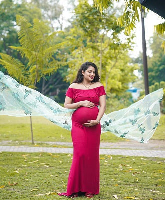 G42, Long Off Shoulder Wine Maternity shoot Baby Shower Lycra Body Fit Gown, Size: All, Color: All