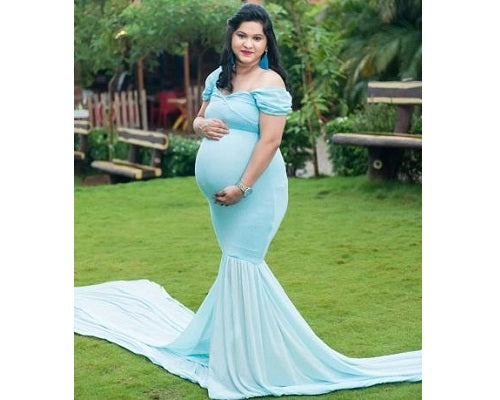 G243,Light Blue Maternity Shoot Baby Shower Trail Lycra Body Fit Gown, Size: All,Color: All