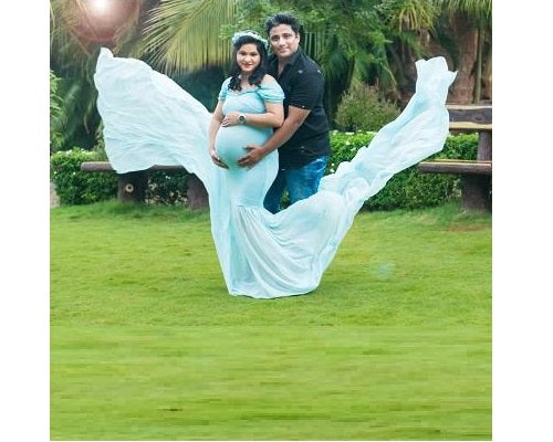 G243,Light Blue Maternity Shoot Baby Shower Trail Lycra Body Fit Gown, Size: All,Color: All