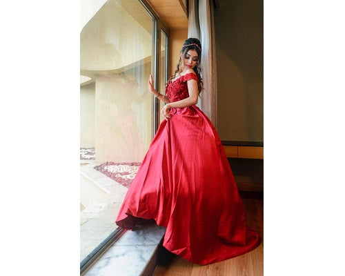 G130, Wine Satin Off Shoulder Trail Ball gown, Size: All, Color: All