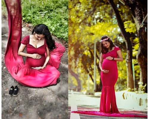 G231,Wine Red Maternity Shoot Baby Shower Trail Lycra Body Fit Gown, Size: All, Color: All