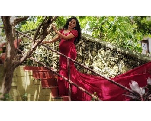 G231,Wine Red Maternity Shoot Baby Shower Trail Lycra Body Fit Gown, Size: All, Color: All
