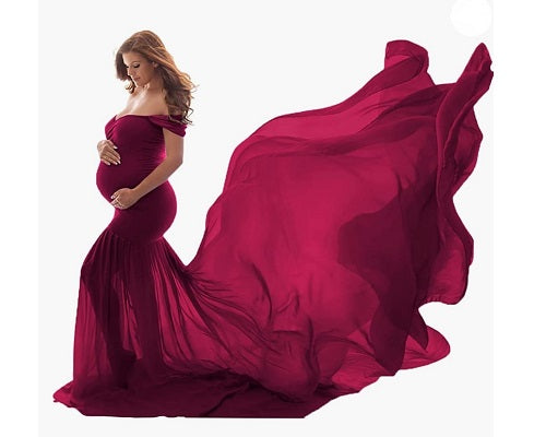 G231,Wine Red Maternity Shoot Baby Shower Trail Lycra Body Fit Gown, Size: All, Color: All