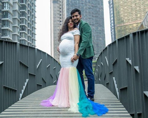 G249, White Top With Botem Layered Malti Colour Maternity Shoot Trail Lycra Body Fit Gown, Size: All, Color: All