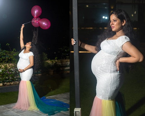 G249, White Top With Botem Layered Malti Colour Maternity Shoot Trail Lycra Body Fit Gown, Size: All, Color: All