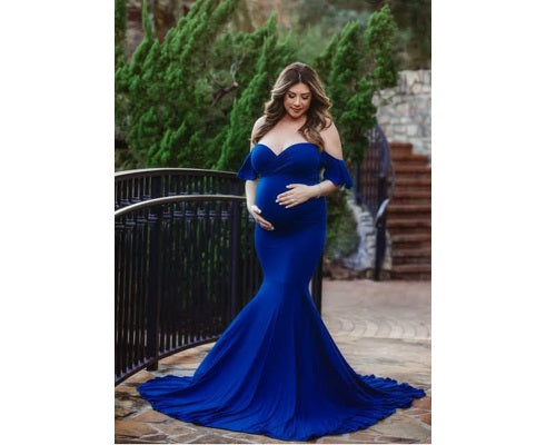 G248, Royal Blue Maternity Shoot Baby Shower Trail Lycra Fit Gown,Size: All, Color: All
