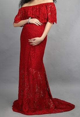 G408, Wine Lace Os Maternity Shoot Trail Baby Shower Lycra Body Fit Gown, Size: All, Color: All