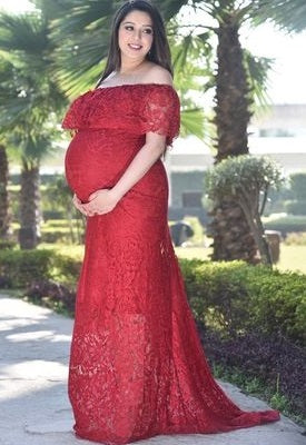 G408, Wine Lace Os Maternity Shoot Trail Baby Shower Lycra Body Fit Gown, Size: All, Color: All