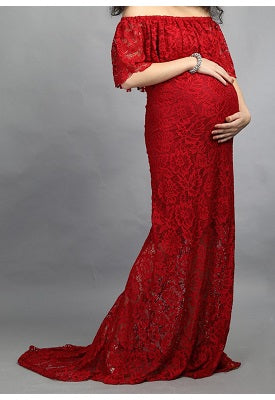 G408, Wine Lace Os Maternity Shoot Trail Baby Shower Lycra Body Fit Gown, Size: All, Color: All