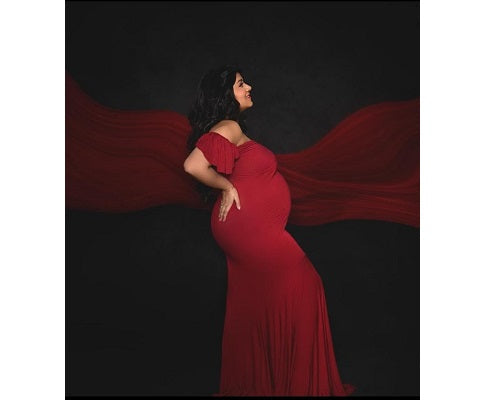 G247,Red Wine Maternity Shoot Baby Shower Trail Lycra Body Fit Gown, Size: All, Color: All