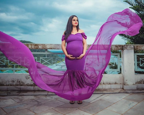 G218,Purple Maternity Shoot Trail Baby Shower Lycra Fit Gown, Size: All, Color: All
