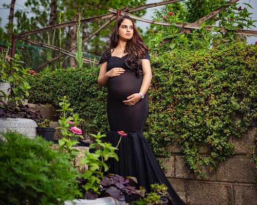 G220, Black Maternity Shoot Trail Baby Shower Lycra Fit Gown, Size: All, Color: All