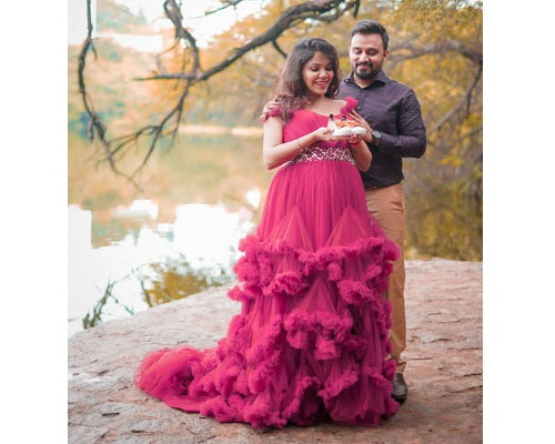 G148, Wine Puffy Maternity Shoot Baby Shower Trail Gown Size: All, Color: All