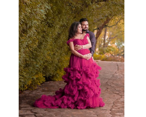 G148, Wine Puffy Maternity Shoot Baby Shower Trail Gown Size: All, Color: All