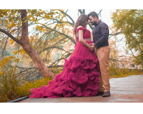 G148, Wine Puffy Maternity Shoot Baby Shower Trail Gown Size: All, Color: All