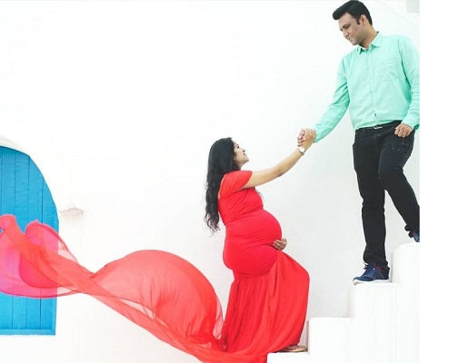 G215,Red Maternity Shoot Trail Baby Shower Lycra Body Fit Gown, Size: All, Color: All