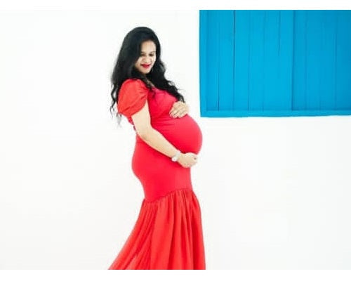 G215,Red Maternity Shoot Trail Baby Shower Lycra Body Fit Gown, Size: All, Color: All