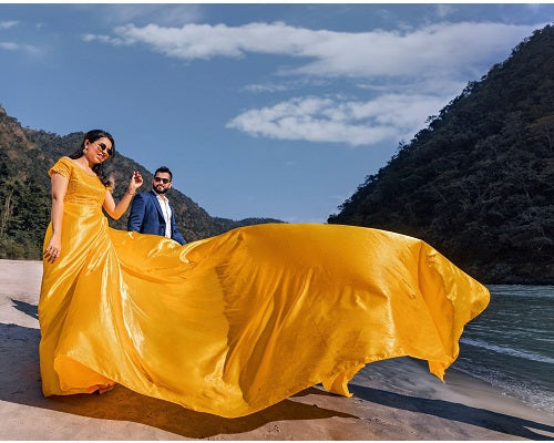 G278, Yellow Satin Long Trail Maternity Shoot Gown, Size: All, Color: All